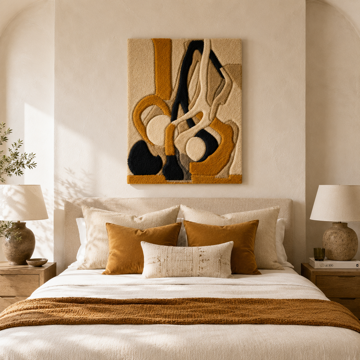 Ochre Currents wall art by Hewn Earth featuring abstract, flowing patterns in warm ochre tones on a neutral background.