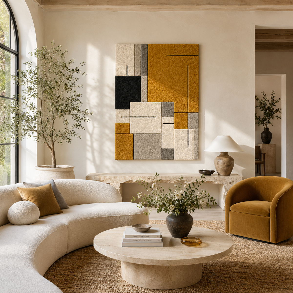 Hewn Earth Bauhaus Mustard wall art print, modern geometric design in warm mustard tones on a neutral background.