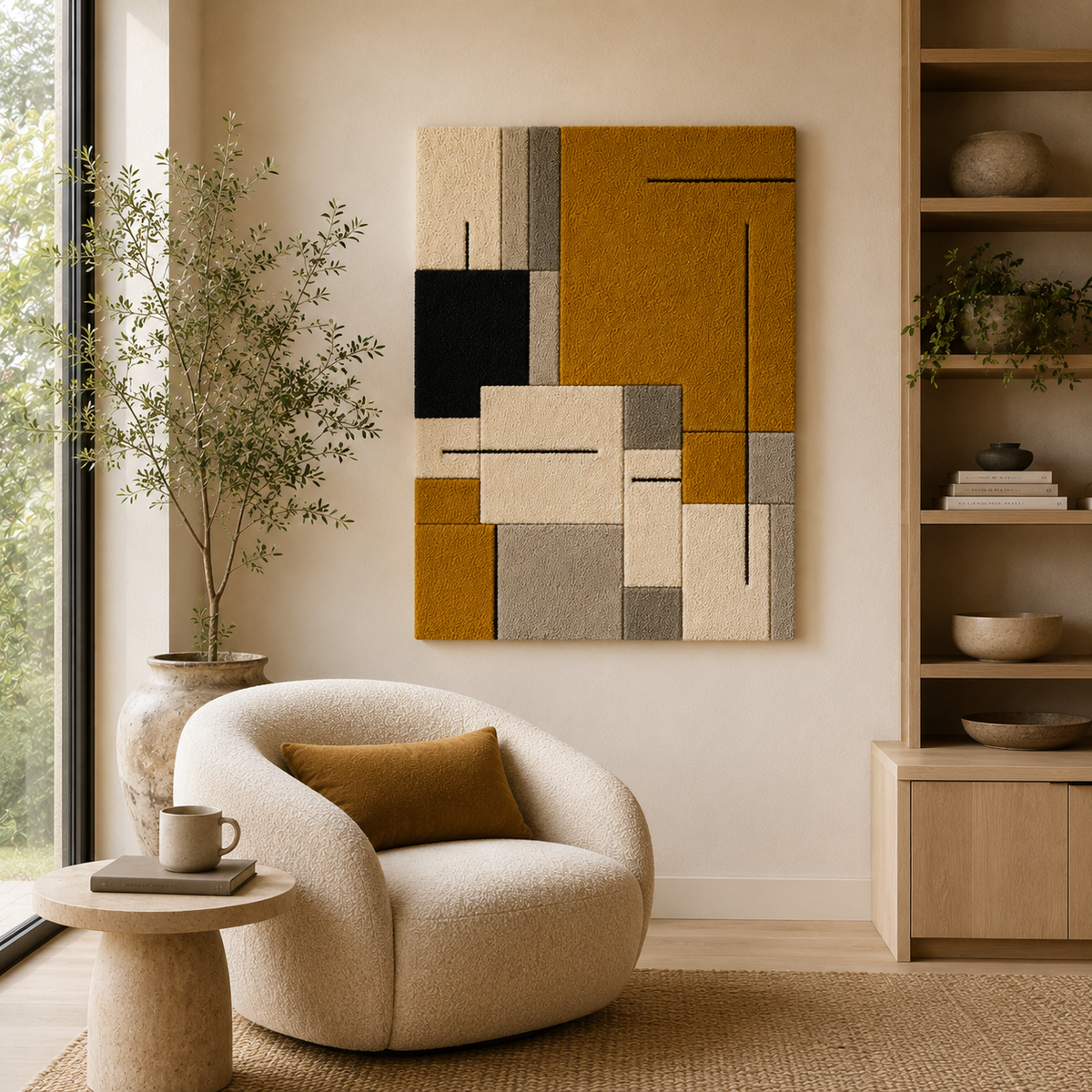 Hewn Earth Bauhaus Mustard wall art print featuring geometric design in warm mustard tones, suitable for modern home decor.