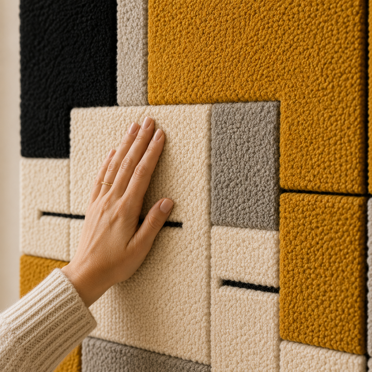 Hewn Earth Bauhaus Mustard wall art, abstract geometric design in warm mustard tones on a neutral background.