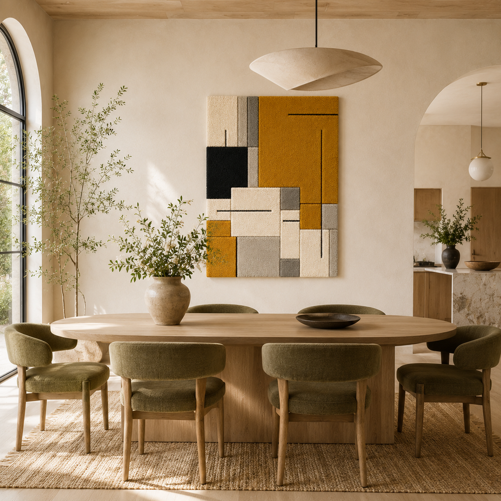 Hewn Earth Bauhaus Mustard wall art featuring geometric shapes in warm mustard tones, modern abstract design for interior decor.