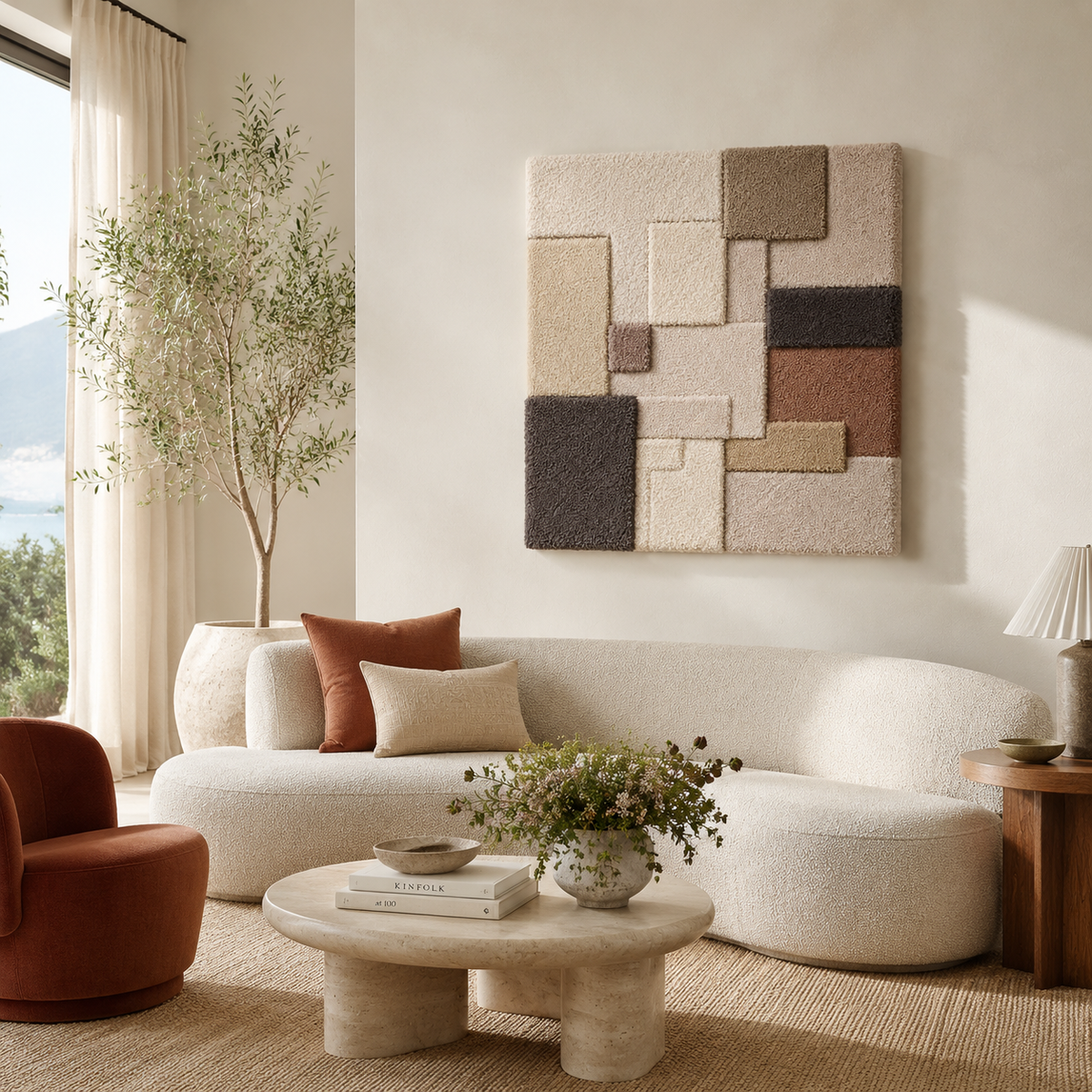 Hewn Earth Stone Grid wall art featuring a geometric stone pattern in neutral tones for modern interior decor.