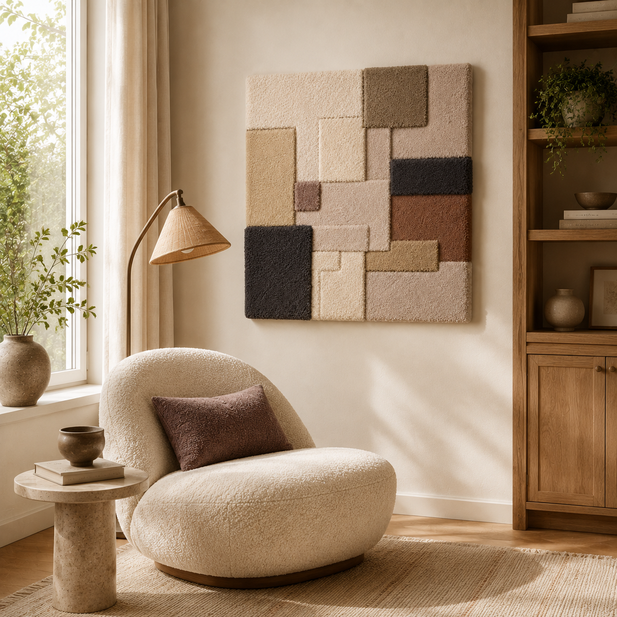 Hewn Earth Stone Grid wall art featuring a geometric stone pattern on a neutral background, modern decorative wall decor.