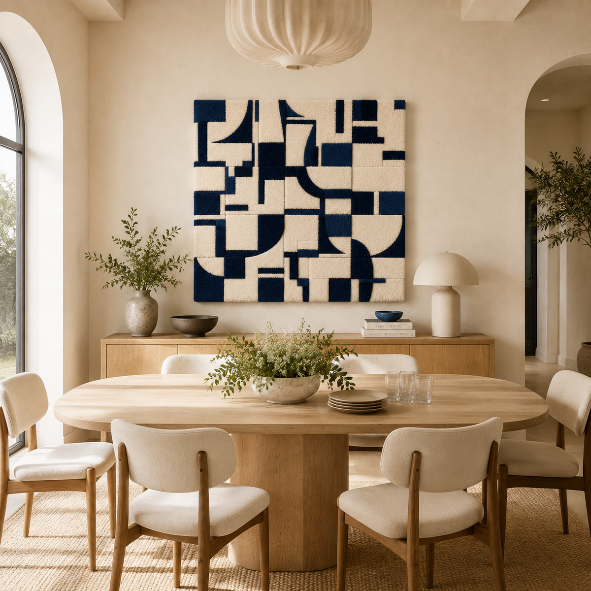 Navy Cipher wall art by Hewn Earth featuring intricate geometric patterns on a textured background.