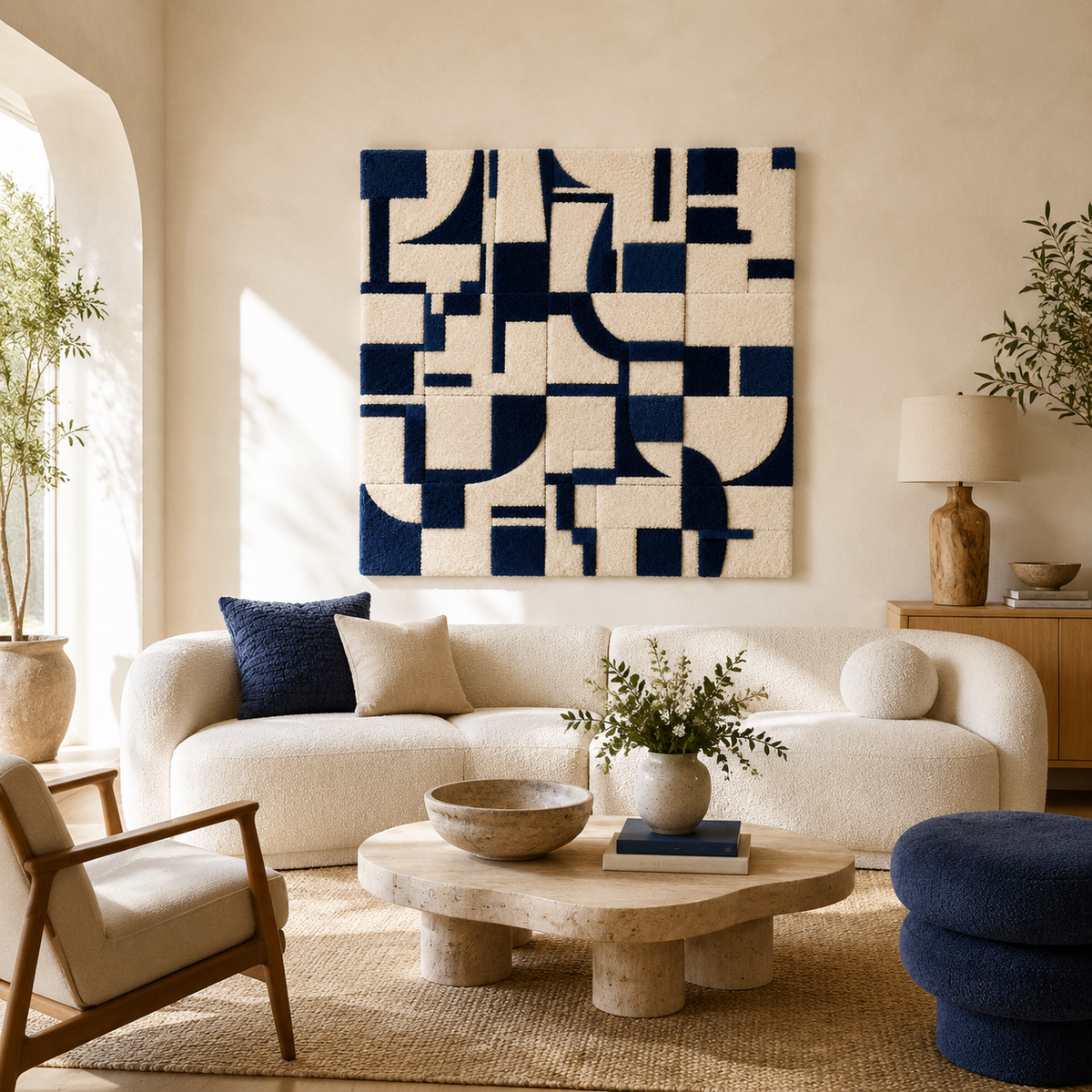 Navy Cipher wall art by Hewn Earth featuring intricate geometric design on a navy background.