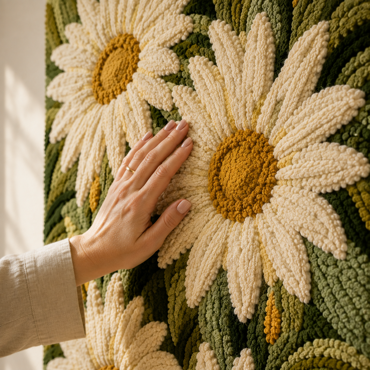Hewn Earth Meadow Daisies wall art featuring a vibrant floral design on a neutral background.