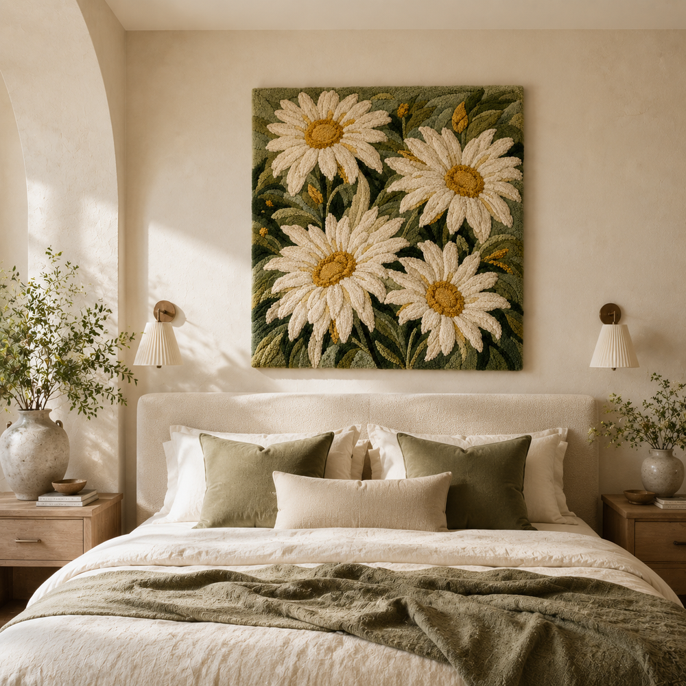 Hewn Earth Meadow Daisies wall art featuring delicate daisies in soft pastel colors on a neutral background.