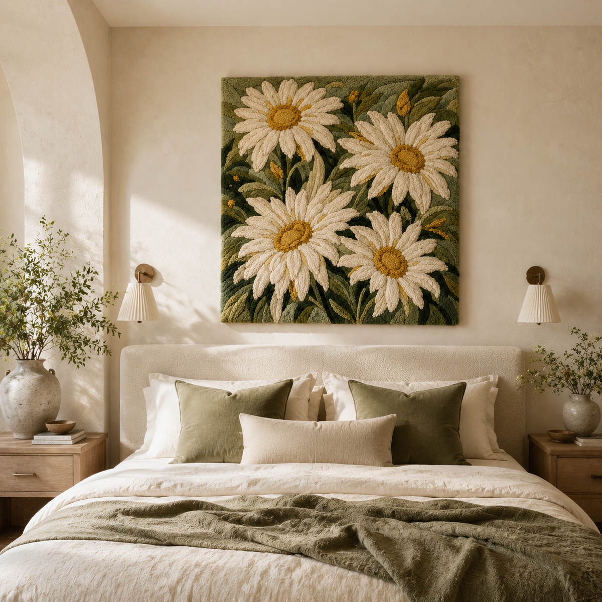Hewn Earth Meadow Daisies wall art featuring delicate daisies in soft pastel colors on a neutral background.