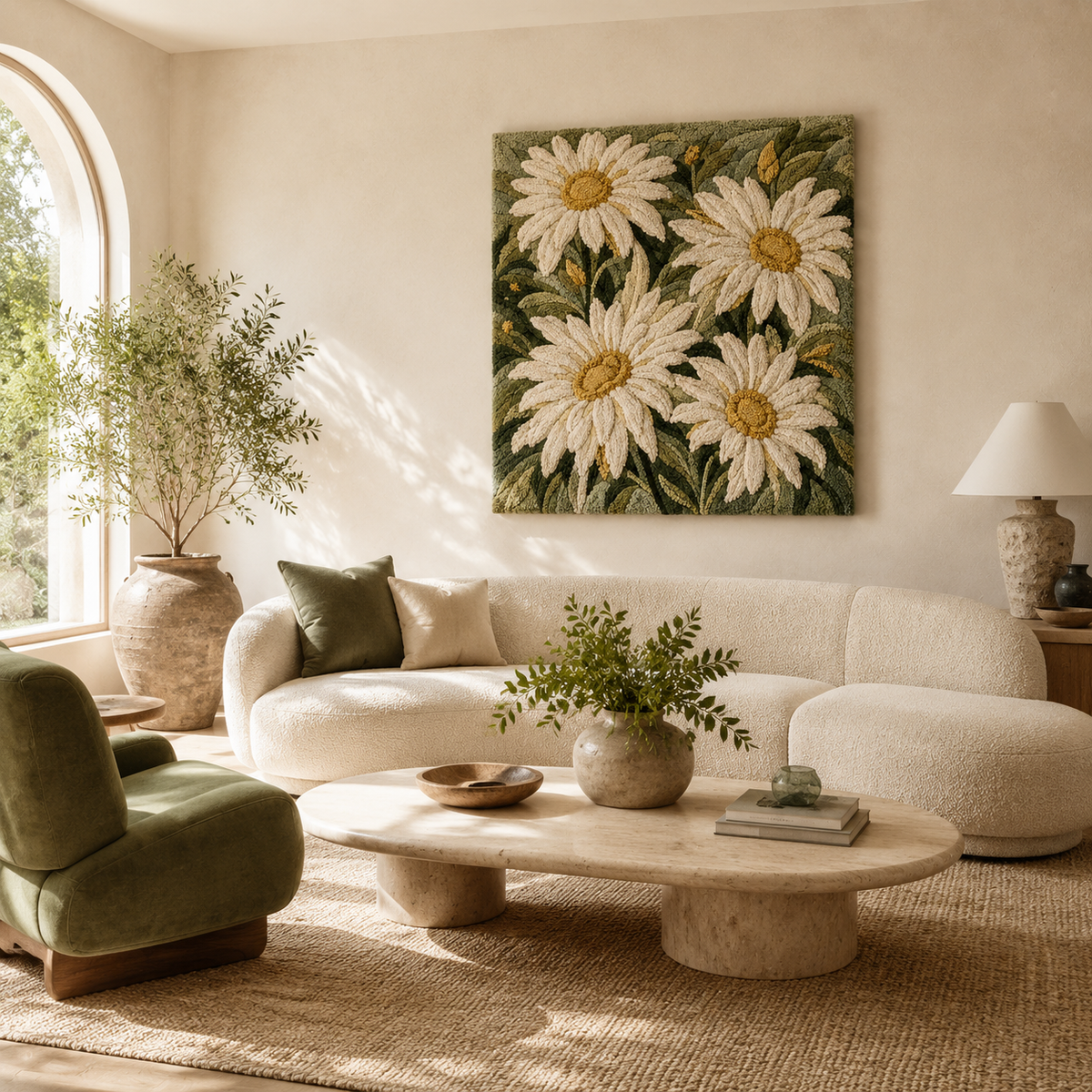 Hewn Earth Meadow Daisies wall art featuring a vibrant floral design on a neutral background.