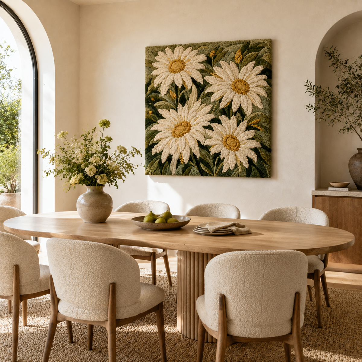 Hewn Earth Meadow Daisies wall art featuring a vibrant floral design on a neutral background.