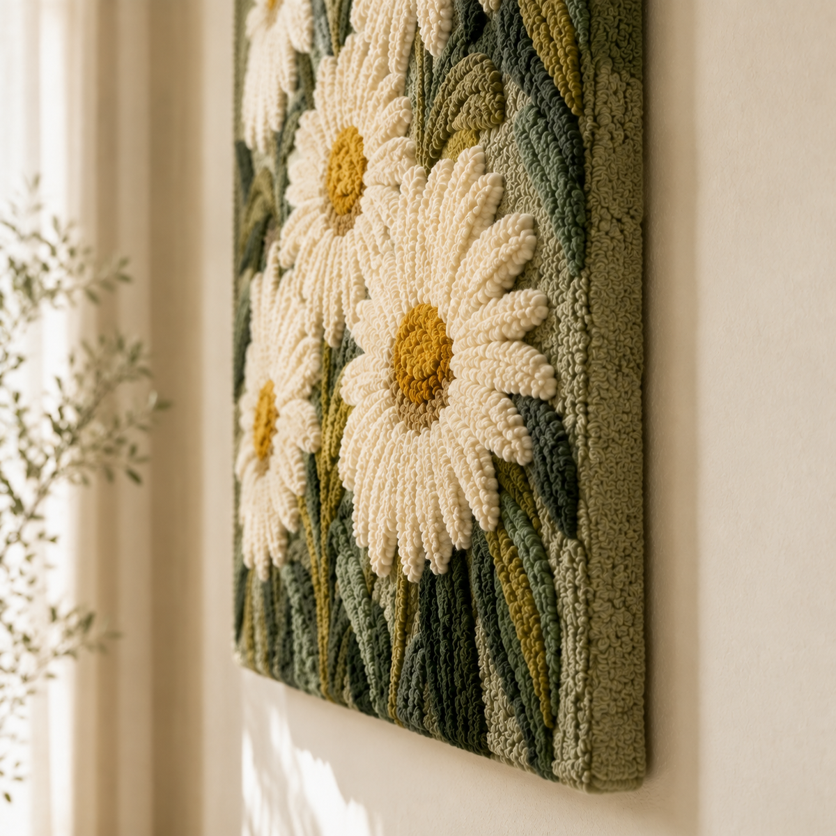 Sage Daisies wall art by Hewn Earth featuring a botanical design with sage green and white daisies on a textured background.
