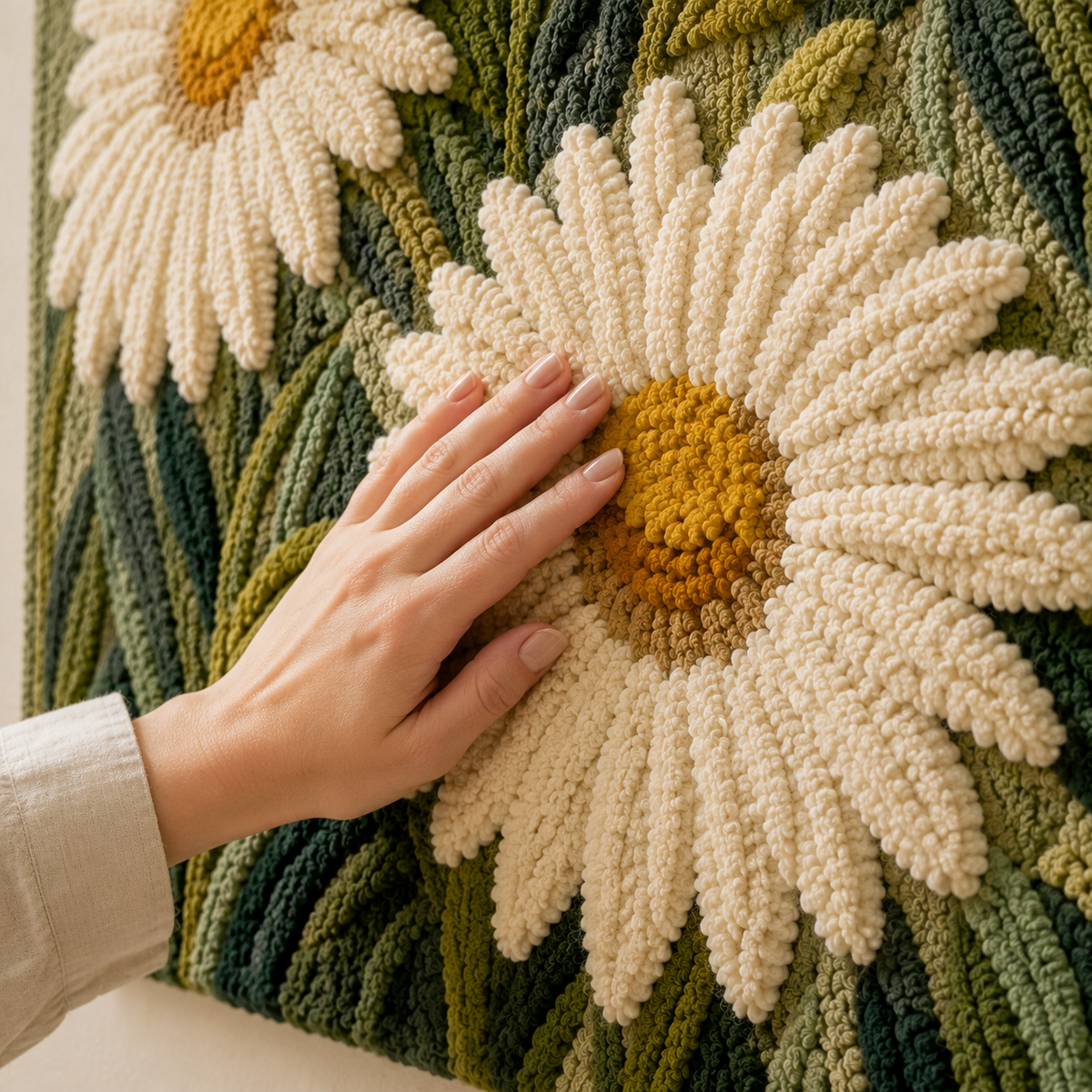 Hewn Earth Sage Daisies wall art featuring a botanical design with sage green and white daisies on a neutral background.