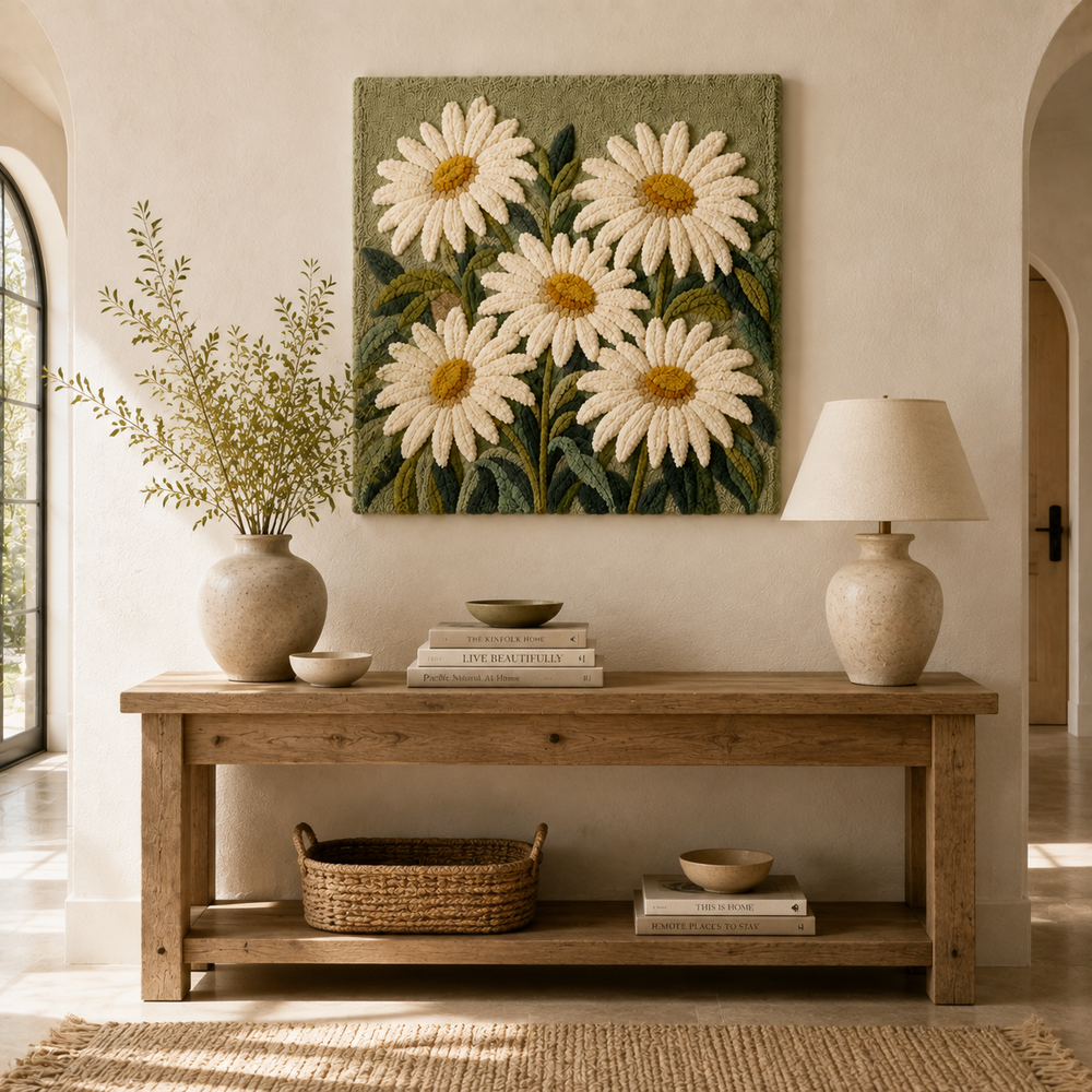 Hewn Earth Sage Daisies wall art featuring a botanical design with sage green and white daisies on a natural background.