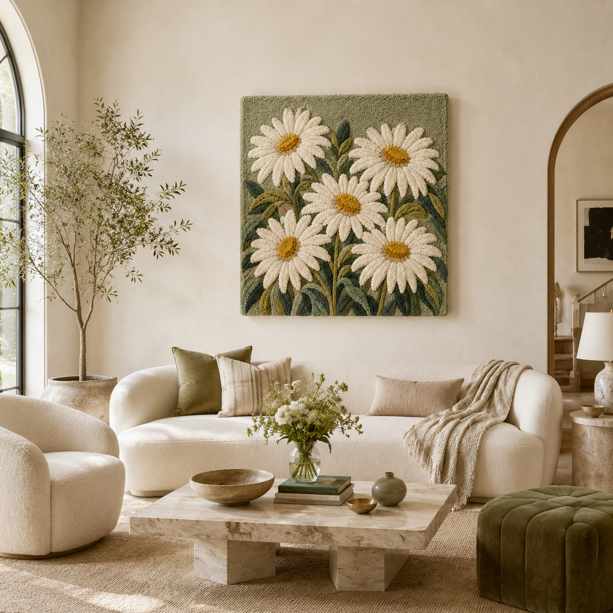 Sage Daisies wall art by Hewn Earth featuring a nature-inspired design with sage green and white daisies on a textured background.