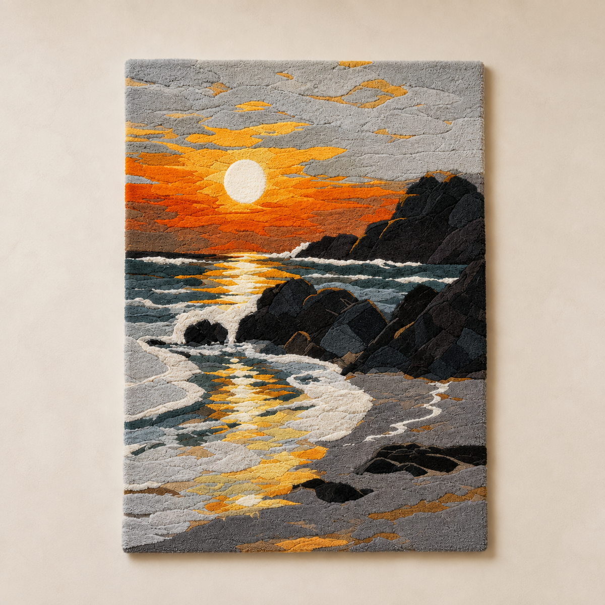 Hewn Earth Golden Tide HE-0140 wall art featuring abstract golden-toned coastal waves on a textured background.