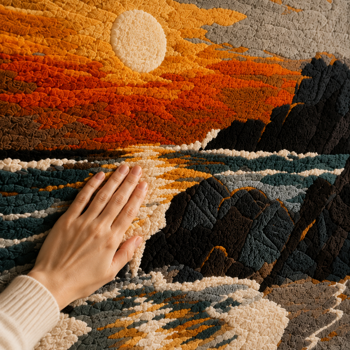 Hewn Earth Golden Tide HE-0140 wall art featuring a textured, abstract gold-toned design on a wall.