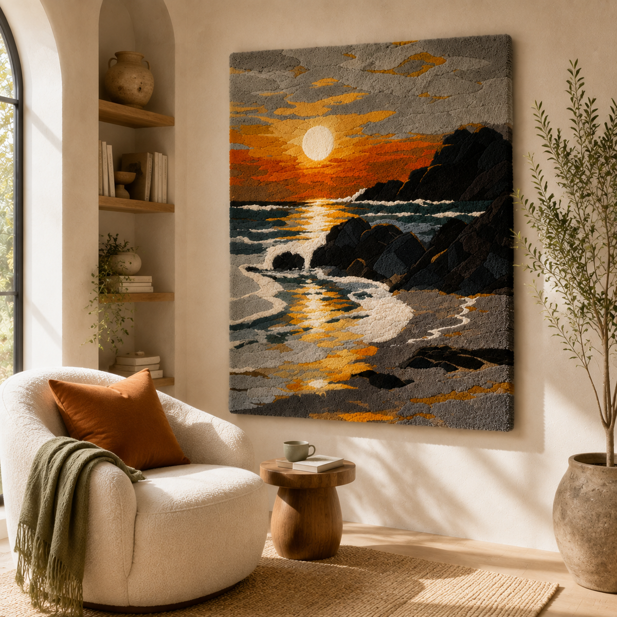 Hewn Earth Golden Tide HE-0140 wall art featuring abstract gold and blue ocean-inspired design on a canvas background.