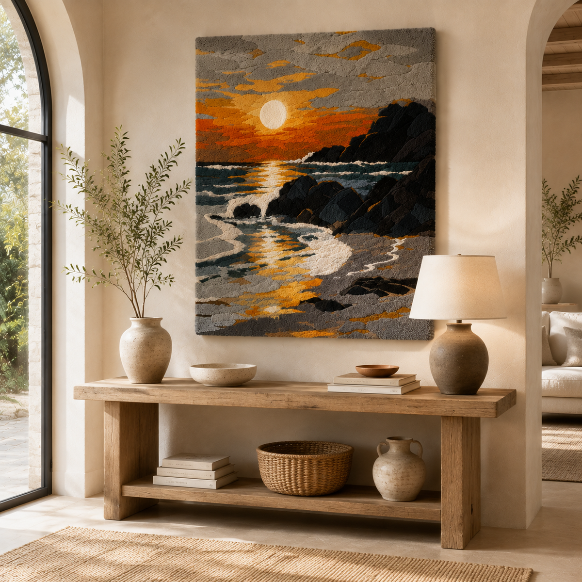 Hewn Earth Golden Tide HE-0140 wall art featuring abstract gold-toned design on a textured surface.