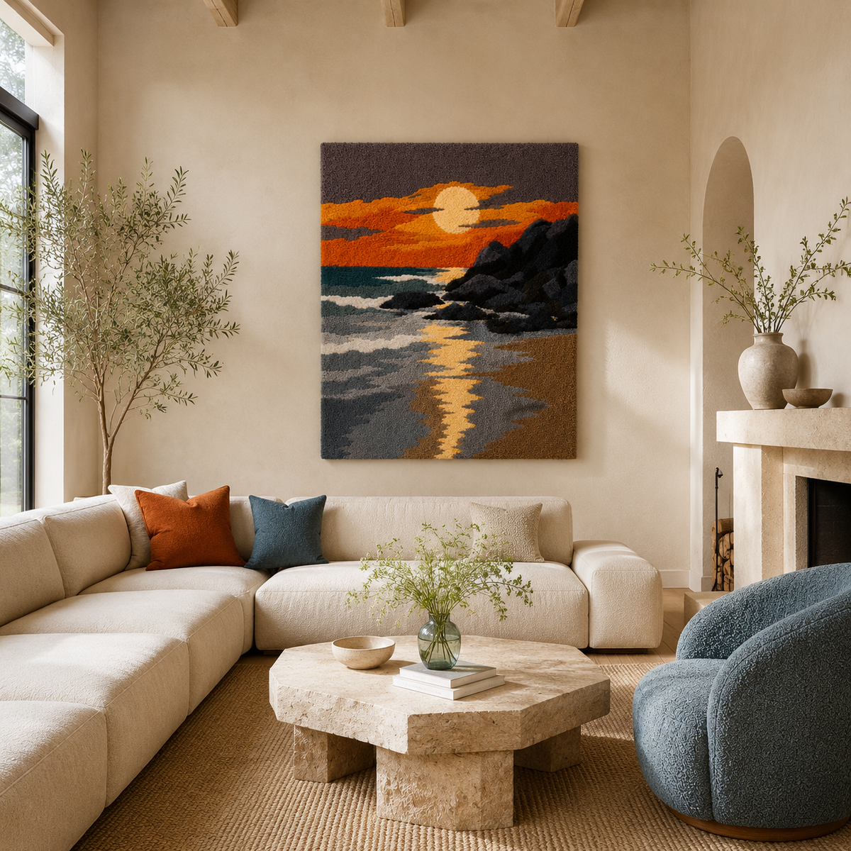 Hewn Earth Ember Coast HE-0141 wall art featuring abstract coastal landscape in muted tones on a framed canvas