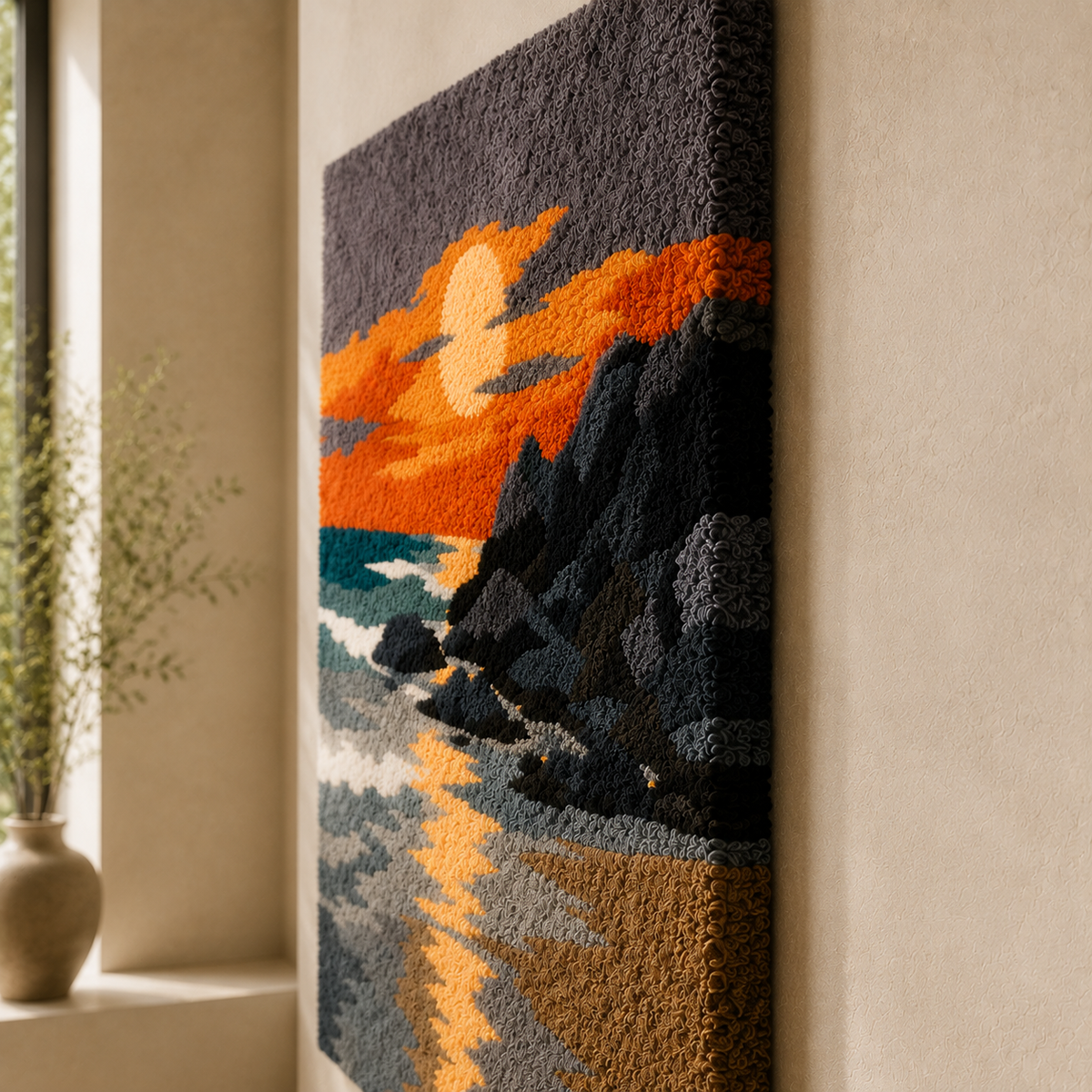 Hewn Earth Ember Coast wall art, abstract design in warm earth tones, ready to hang decorative piece for modern interiors.