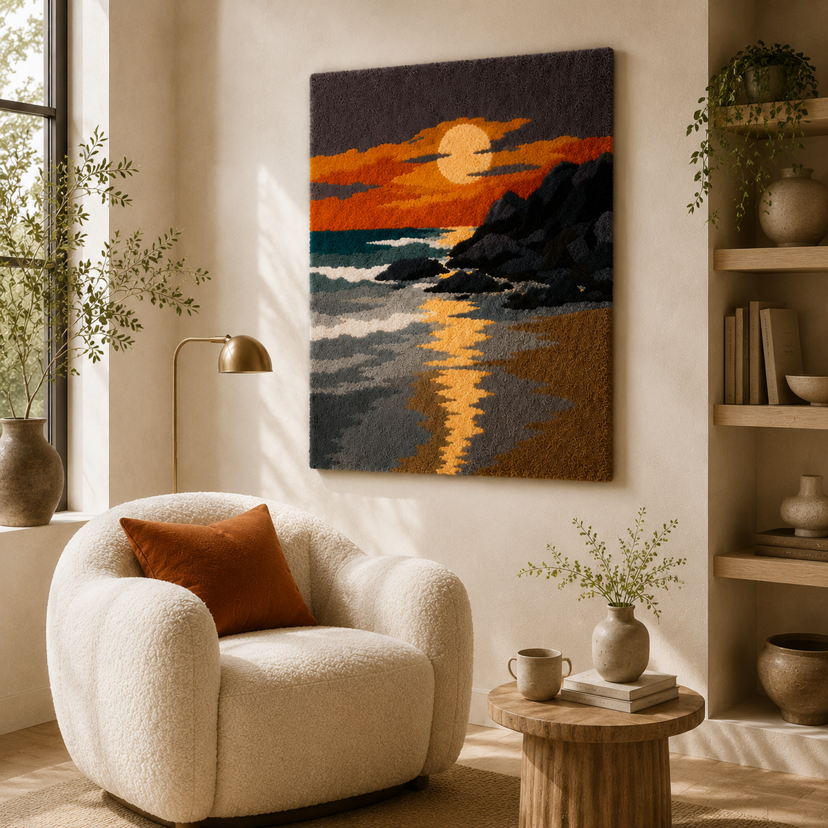 Hewn Earth Ember Coast wall art, abstract coastal scene, earthy tones, textured design, modern home decor piece.