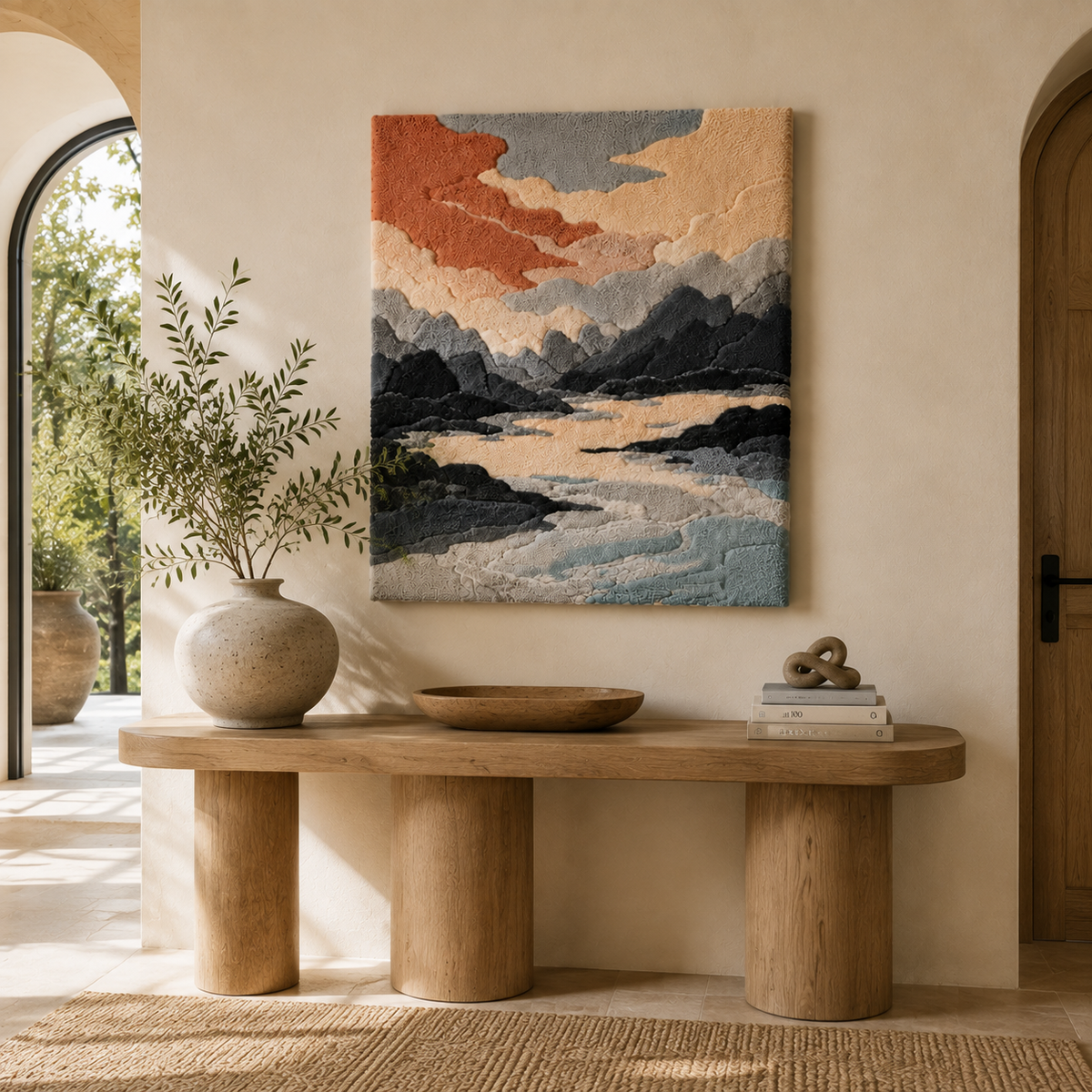 Hewn Earth Coral Dusk Peaks wall art, abstract landscape painting with coral and dusk tones on canvas.