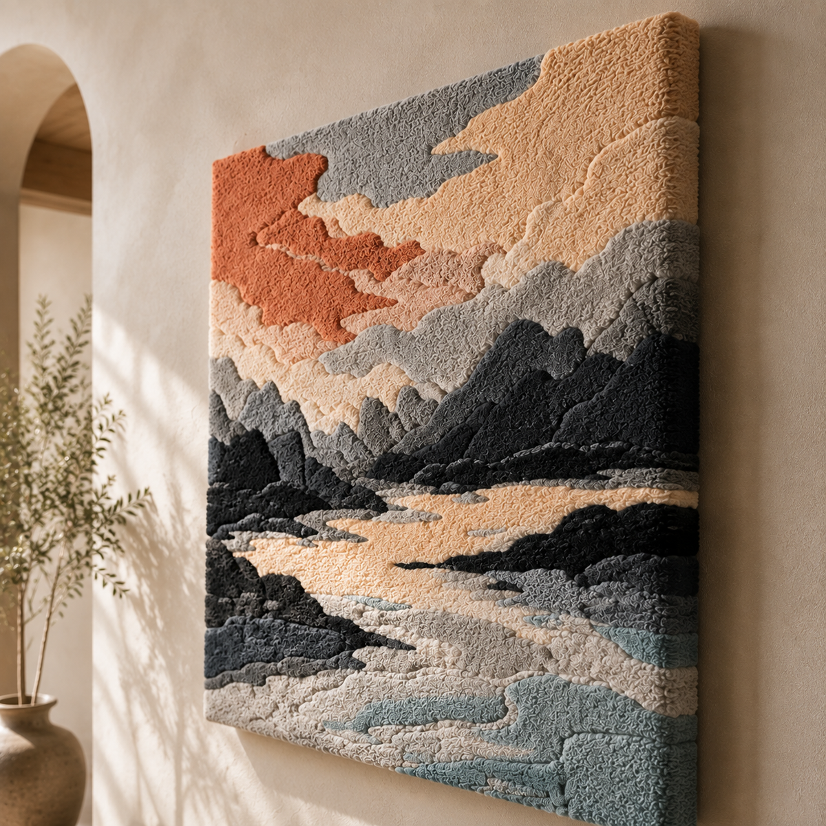 Hewn Earth Coral Dusk Peaks wall art featuring vibrant coral and mountain peak design on a textured canvas.