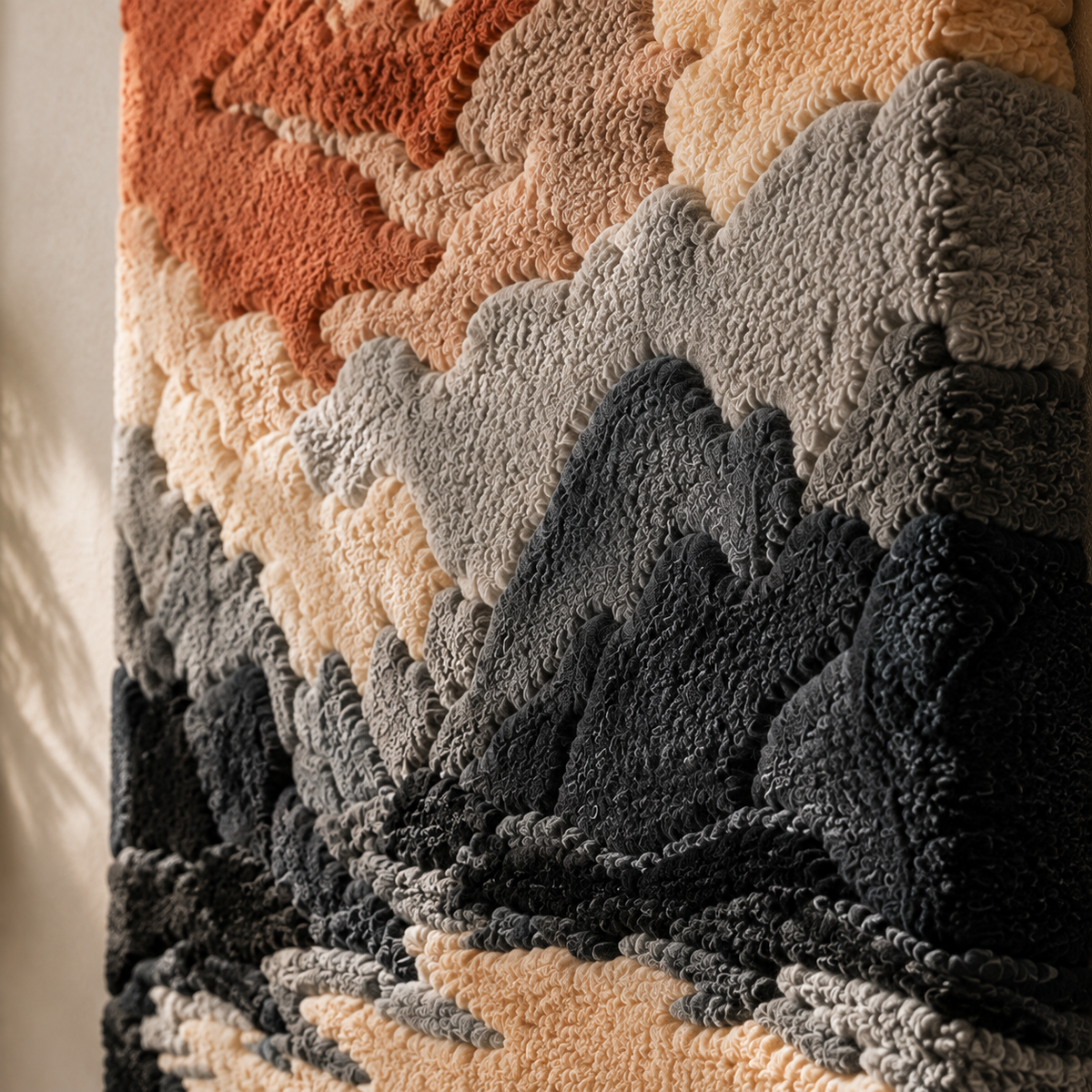 Hewn Earth Coral Dusk Peaks wall art featuring vibrant coral and mountain landscape in a natural, artistic style.