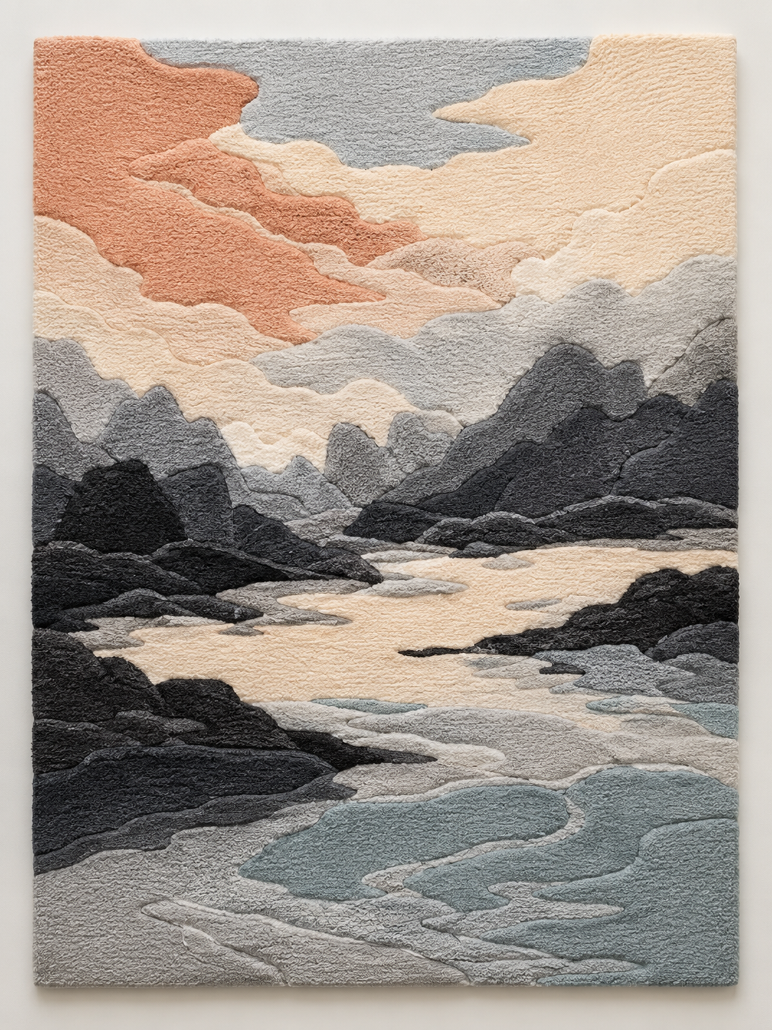 Hewn Earth Coral Dusk Peaks wall art featuring a vibrant coral-colored mountain landscape on a textured canvas.