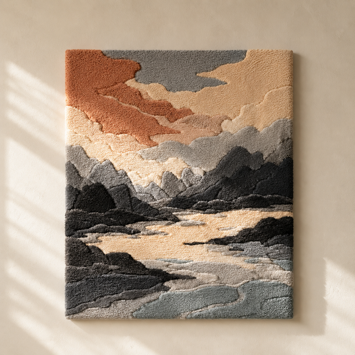 Hewn Earth Coral Dusk Peaks wall art featuring vibrant coral and mountain imagery on canvas for modern home decor.