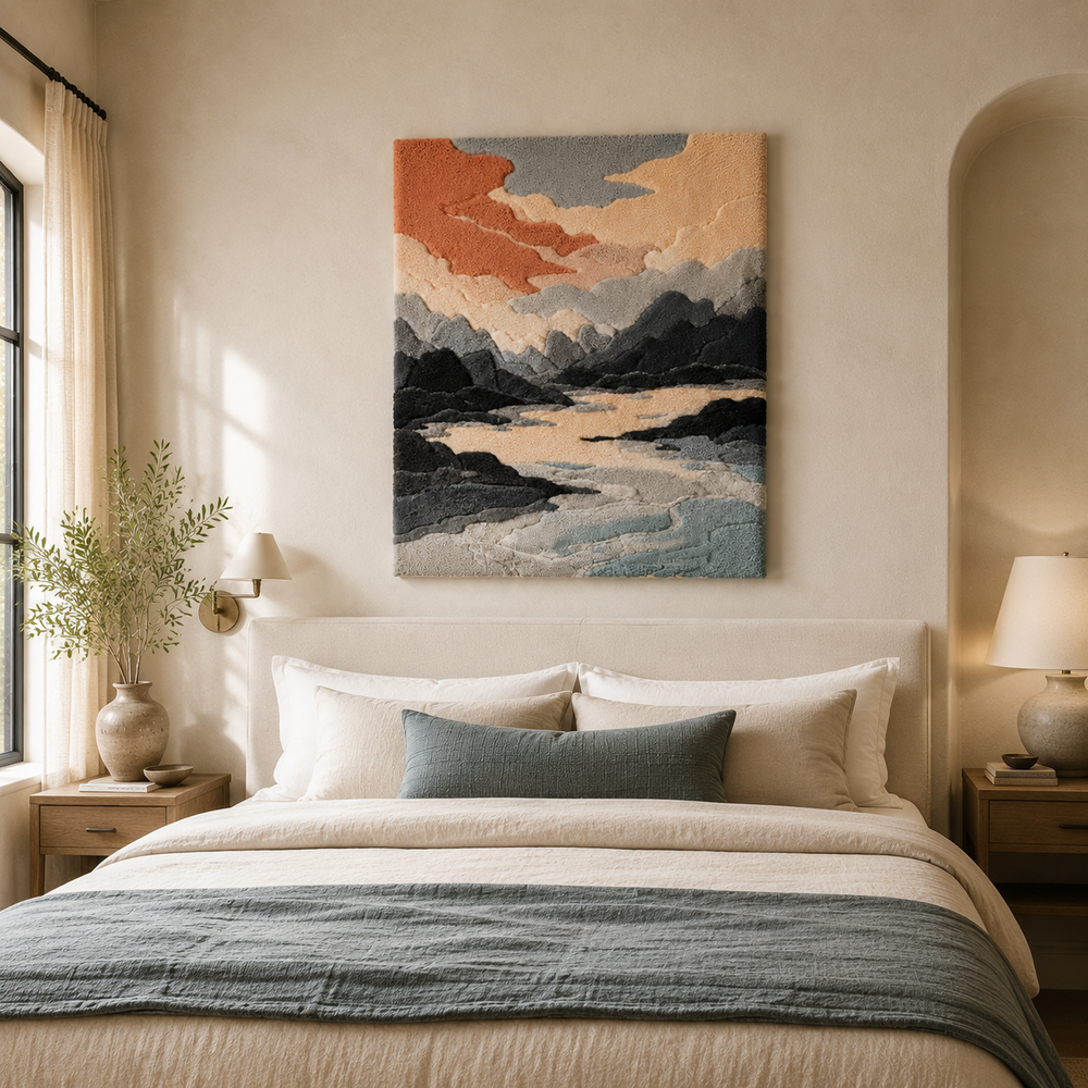 Hewn Earth Coral Dusk Peaks wall art featuring abstract coral and mountain shapes in warm hues, ready to enhance interior decor.