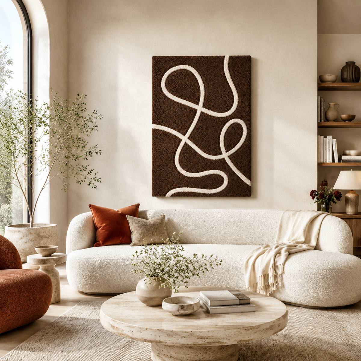 Hewn Earth Cocoa Loops wall art, abstract design with warm brown tones, modern decorative piece for home or office.