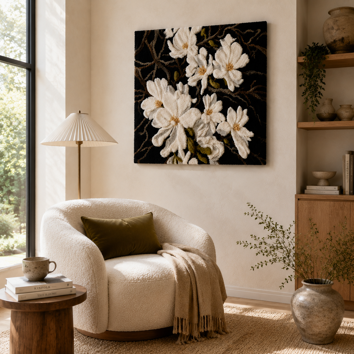 Hewn Earth Midnight Magnolia wall art featuring a detailed illustration of a magnolia flower on a neutral background.