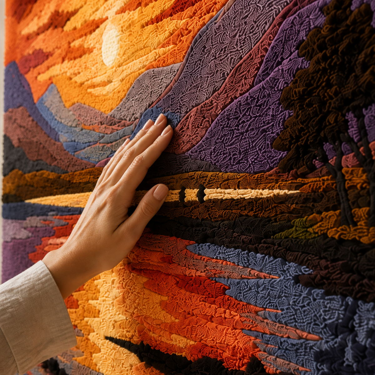 Hewn Earth Highland Sunset wall art featuring warm, vibrant sunset hues on a textured canvas with natural landscape details.