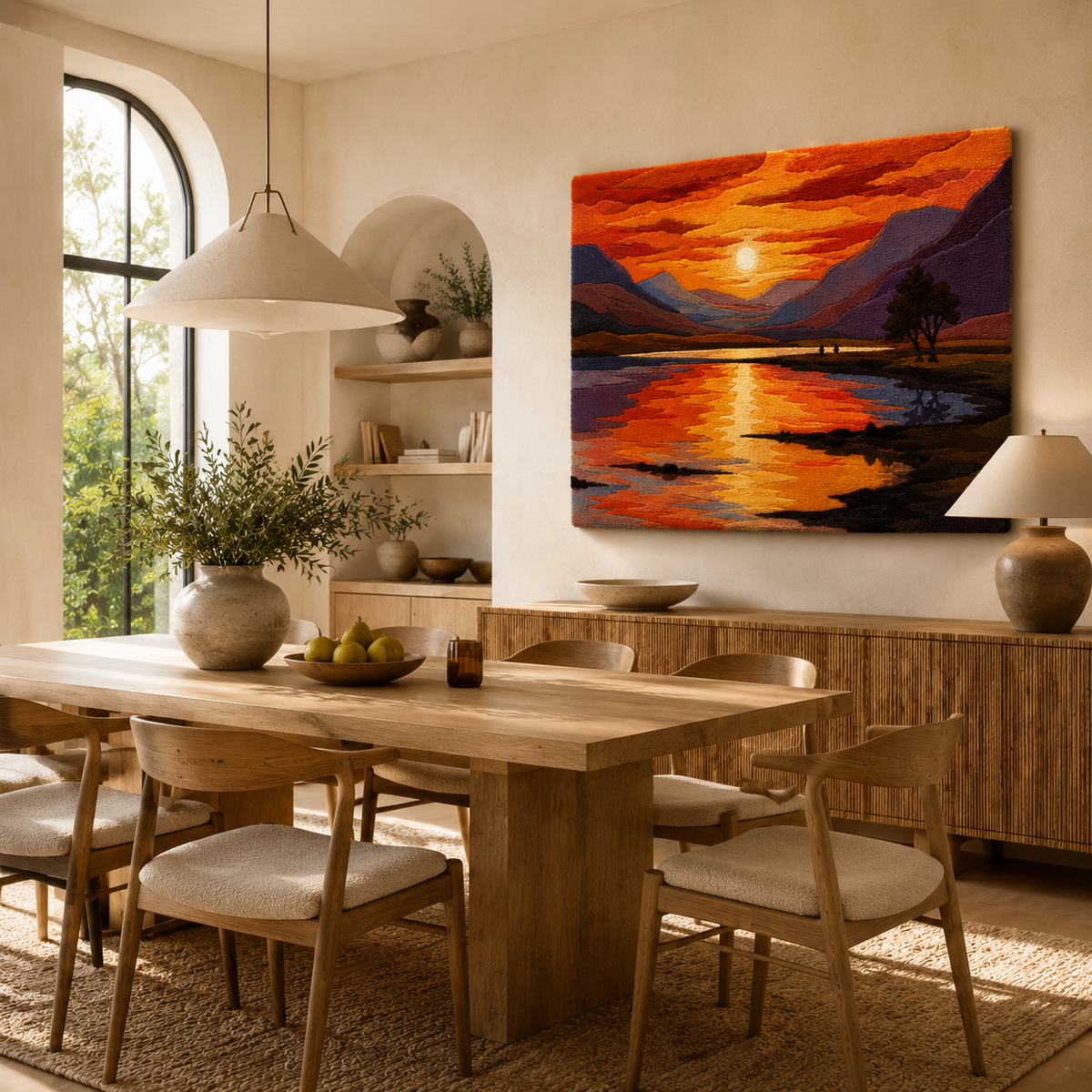 Hewn Earth Highland Sunset wall art featuring warm sunset hues and mountain landscape design on canvas.