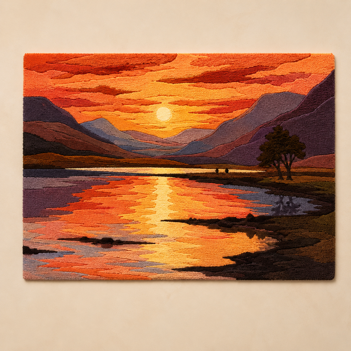 Hewn Earth Highland Sunset wall art featuring vibrant sunset colors and mountain silhouettes on textured canvas.