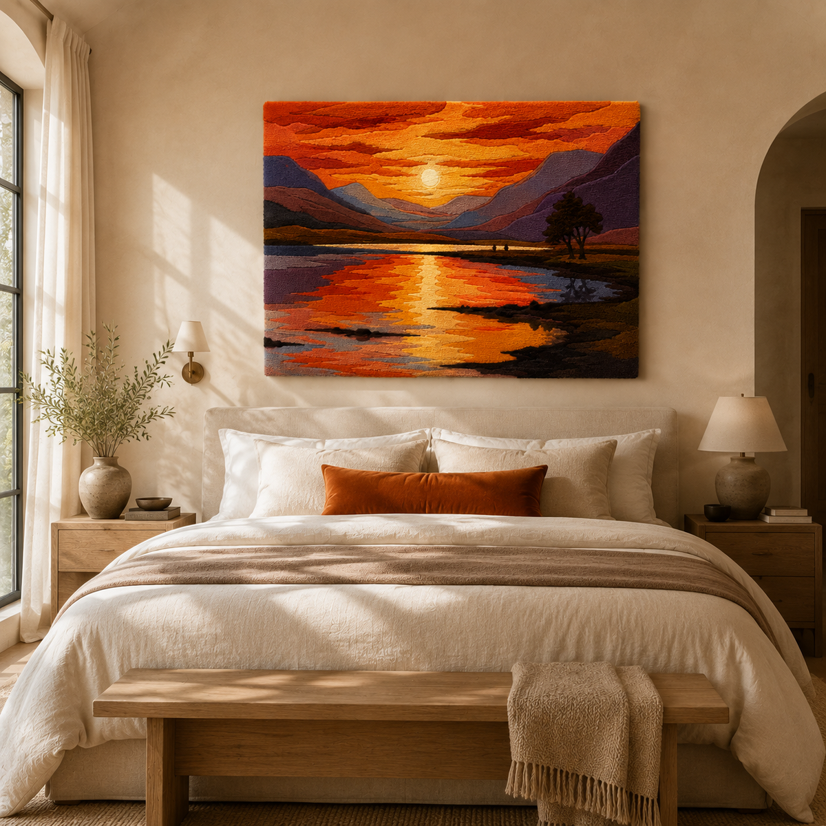 Hewn Earth Highland Sunset wall art featuring a vibrant sunset scene with warm colors and natural landscape elements.