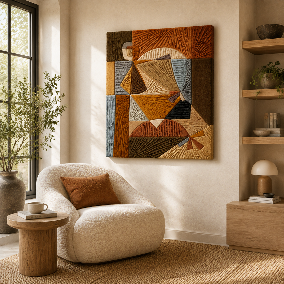 Hewn Earth Copper Cubes wall art featuring metallic copper geometric cubes arranged on a neutral background.