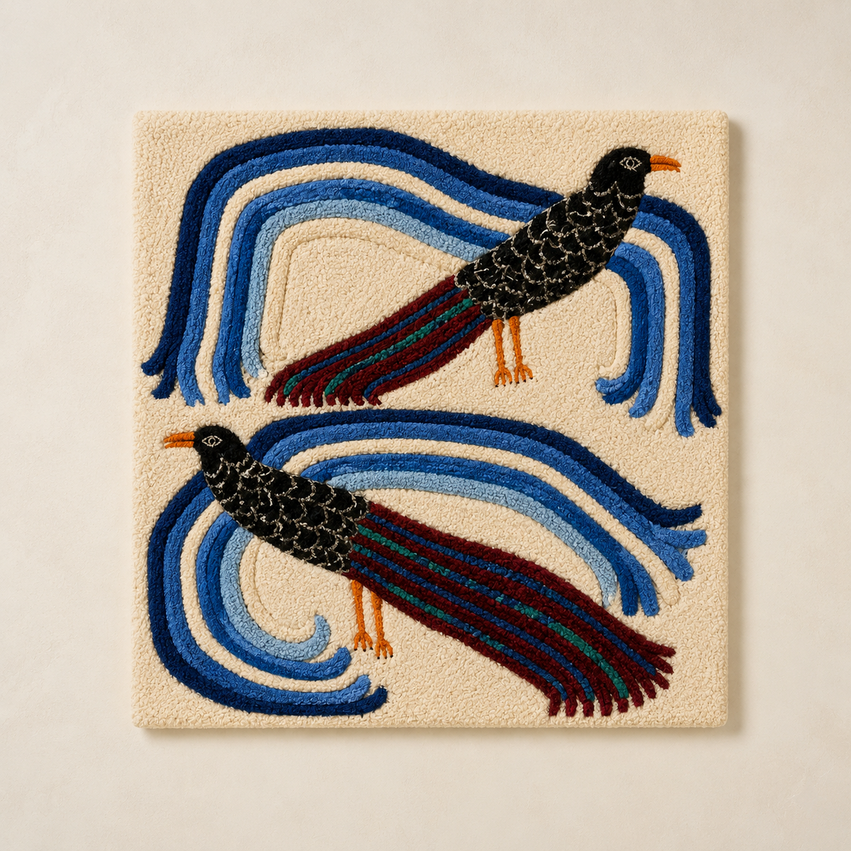 Hewn Earth Twin Blue Birds wall art featuring two vibrant blue birds perched together against a neutral background.