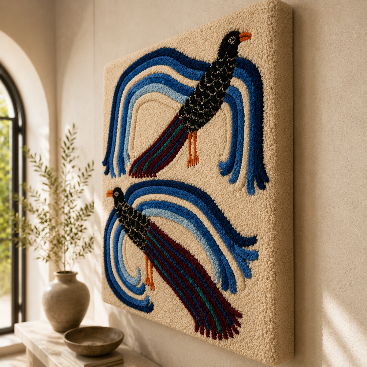 Twin blue bird wall art by Hewn Earth featuring two stylized blue birds perched on a branch.