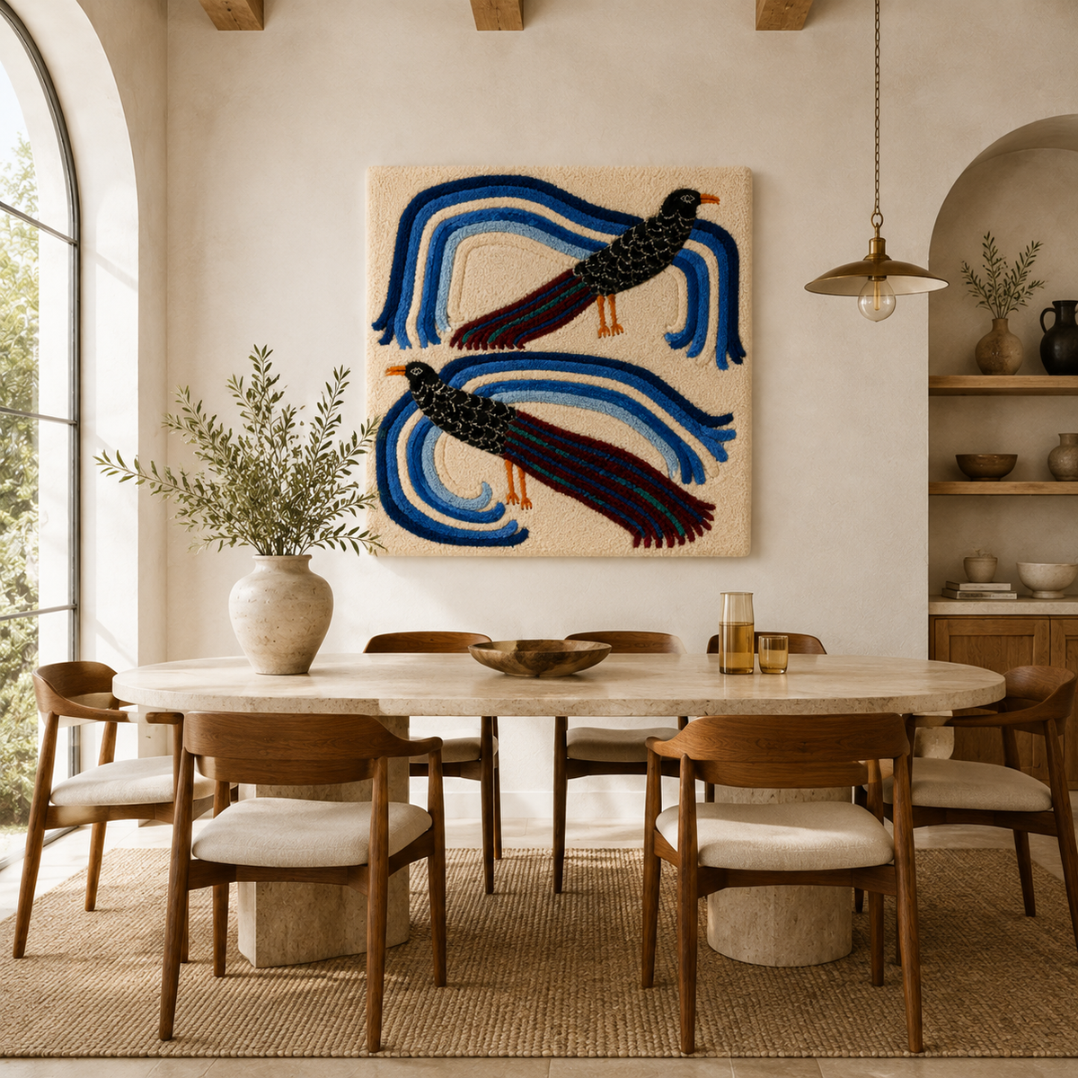 Twin blue birds wall art by Hewn Earth, featuring two vibrant blue birds perched on branches, decorative wall decor.