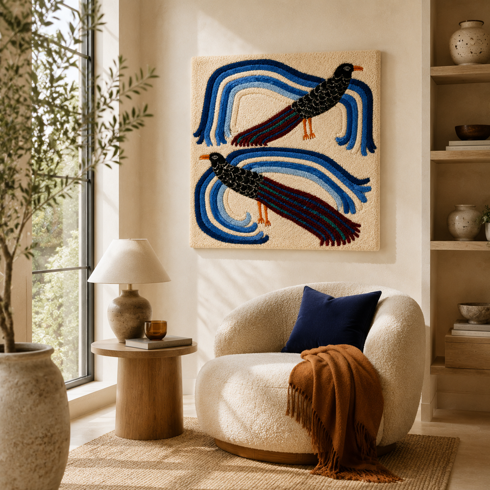 Twin blue birds wall art by Hewn Earth featuring two vibrant blue birds perched together on a branch.