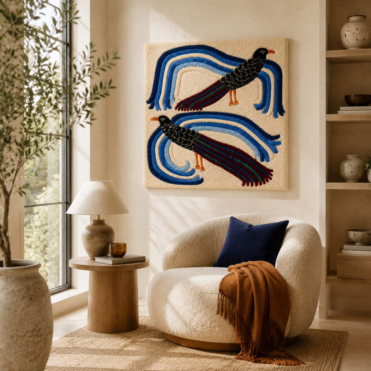 Twin blue birds wall art by Hewn Earth featuring two vibrant blue birds perched together on a branch.