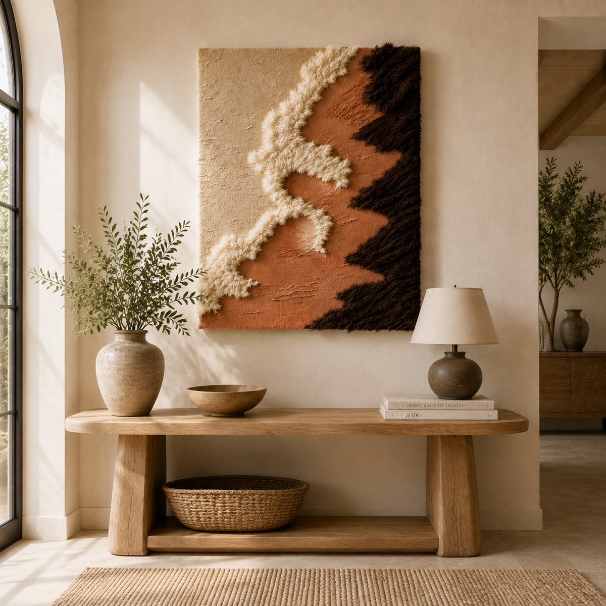 Hewn Earth Terra Ridges HE-0150 wall art featuring textured, abstract earthy tones on a rectangular canvas.