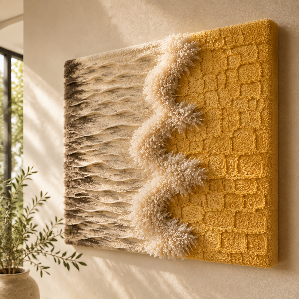 Hewn Earth Golden Shoreline wall art piece featuring a serene landscape with golden tones and natural textures.