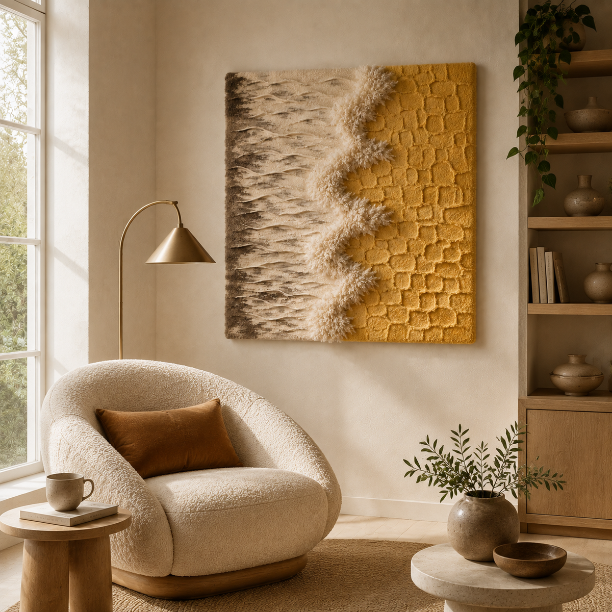 Hewn Earth Golden Shoreline wall art, abstract coastal landscape in gold tones, modern design for home decor.