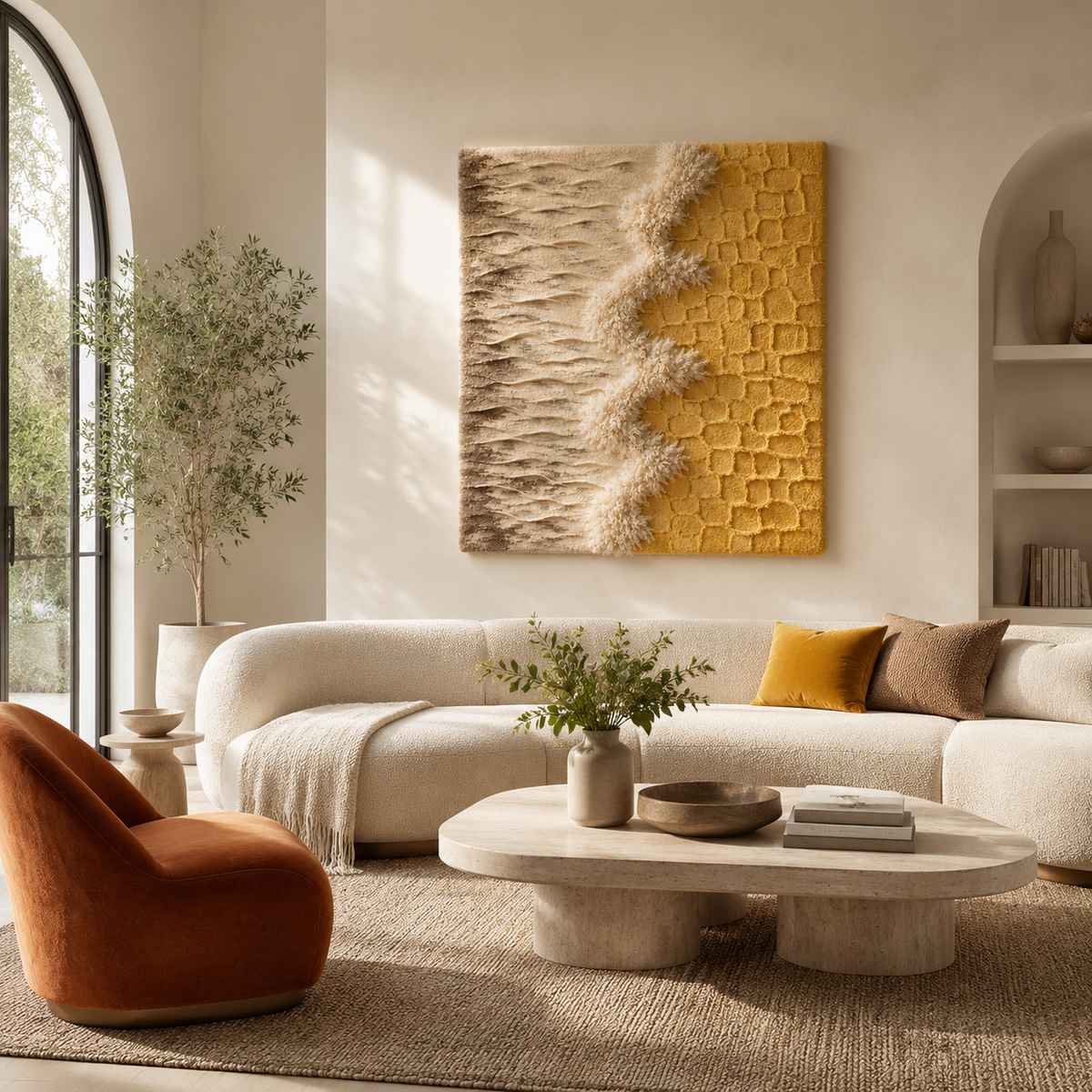 Hewn Earth Golden Shoreline wall art, abstract landscape design in warm gold tones, suitable for modern home decor.