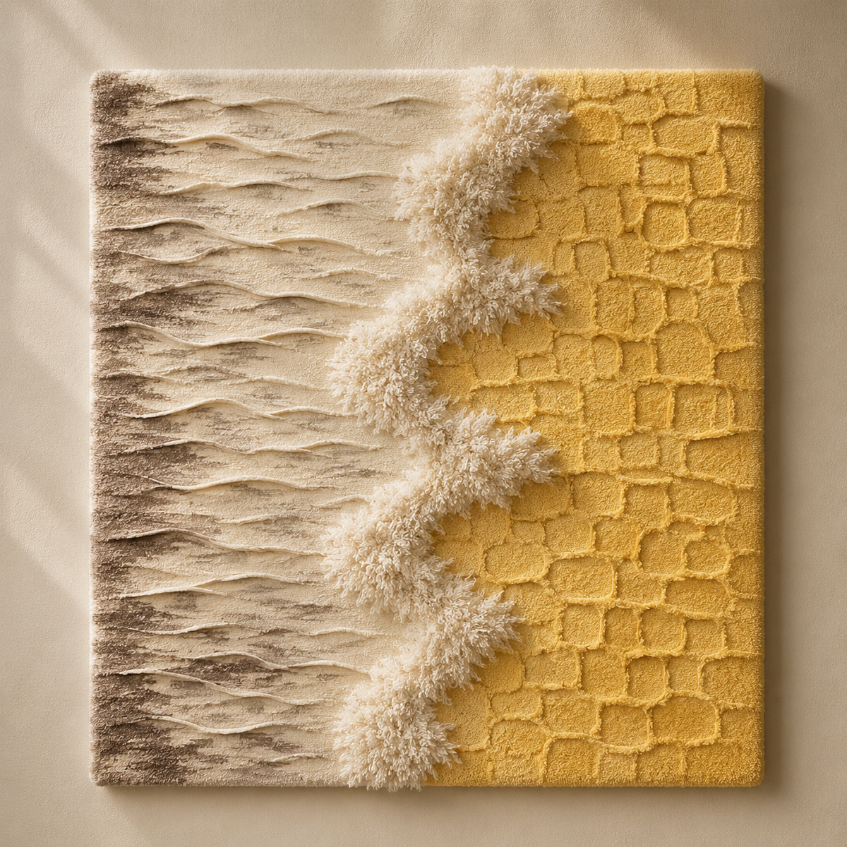 Hewn Earth Golden Shoreline wall art featuring a serene coastal landscape with warm gold tones and textured details.