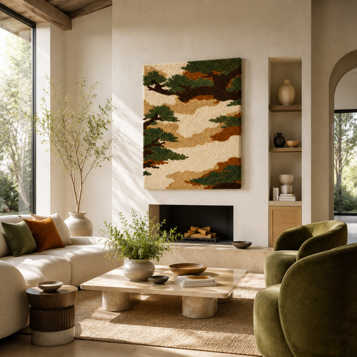 Hewn Earth Bonsai Grove wall art, HE-0152, features a detailed illustration of bonsai trees on a textured background.
