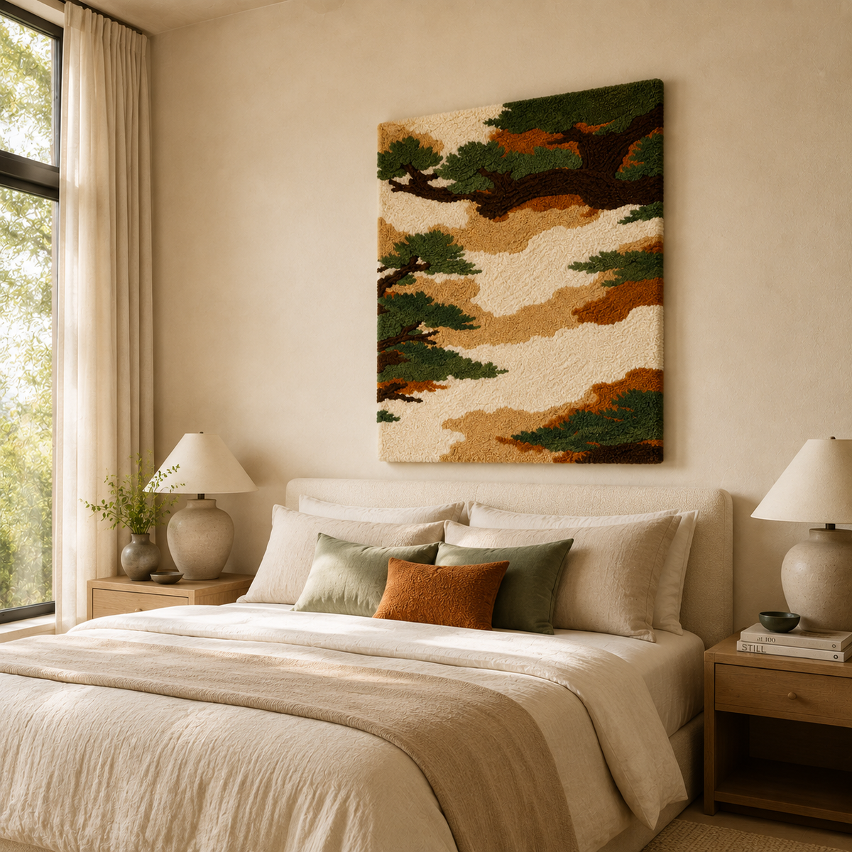Hewn Earth Bonsai Grove wall art featuring a detailed bonsai tree illustration on a textured background.